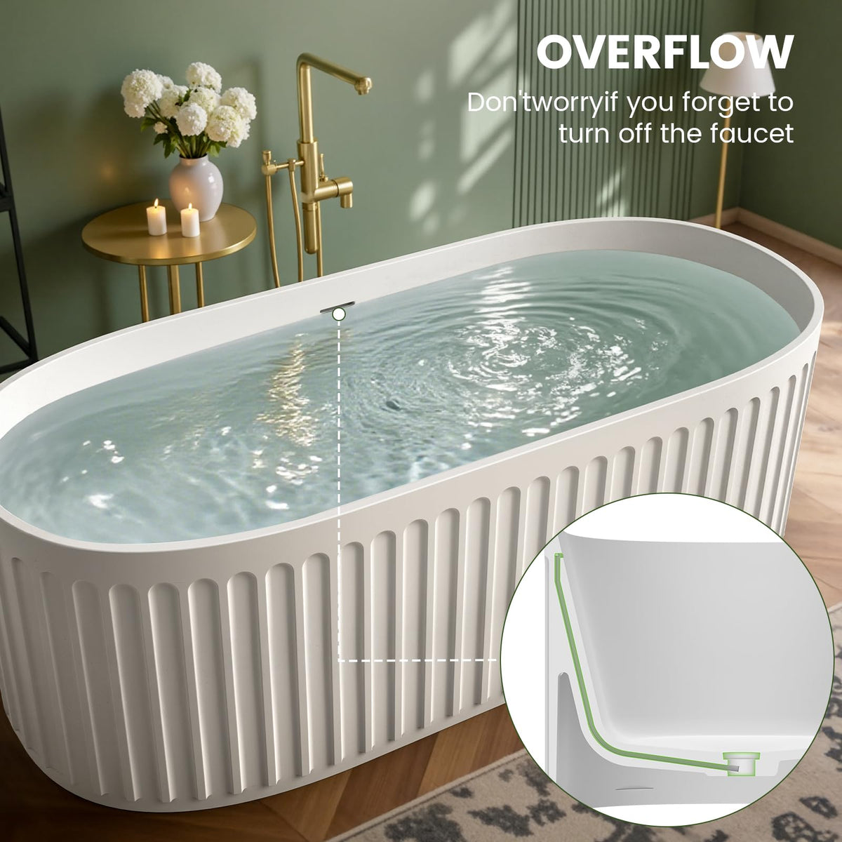 61''Stone Resin Freestanding Bathtub,Solid Surface Soaking Tub with Deep Bath Design, Modern Oval Free Standing Tub with Integrated Drain & Hidden Overflow, Starry Gray