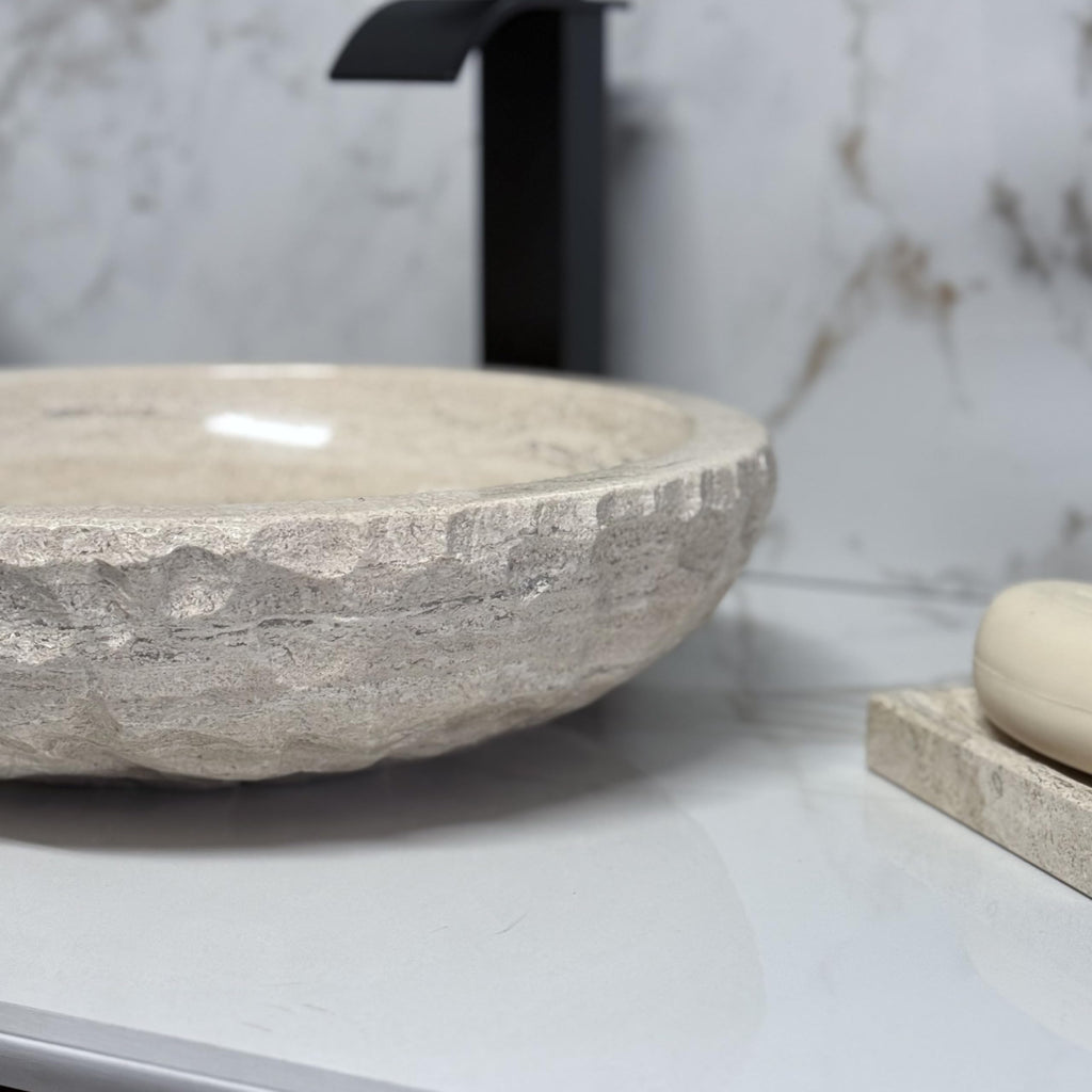 Oval Travertine Vessel Sink â Natural Stone Wash Basin, Hand-Carved Bathroom Sink with Chiseled Exterior & Polished Interior, Above Counter Vanity Basin (Includes Matching Soap Tray)