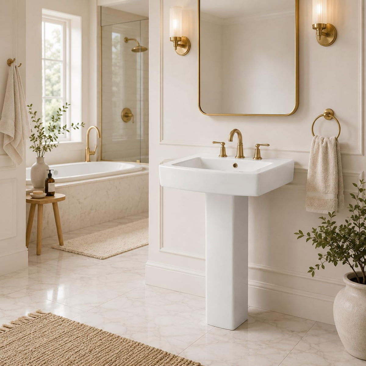 Garvee White Ceramic Pedestal Bathroom Sink, Single Hole Freestanding Basin