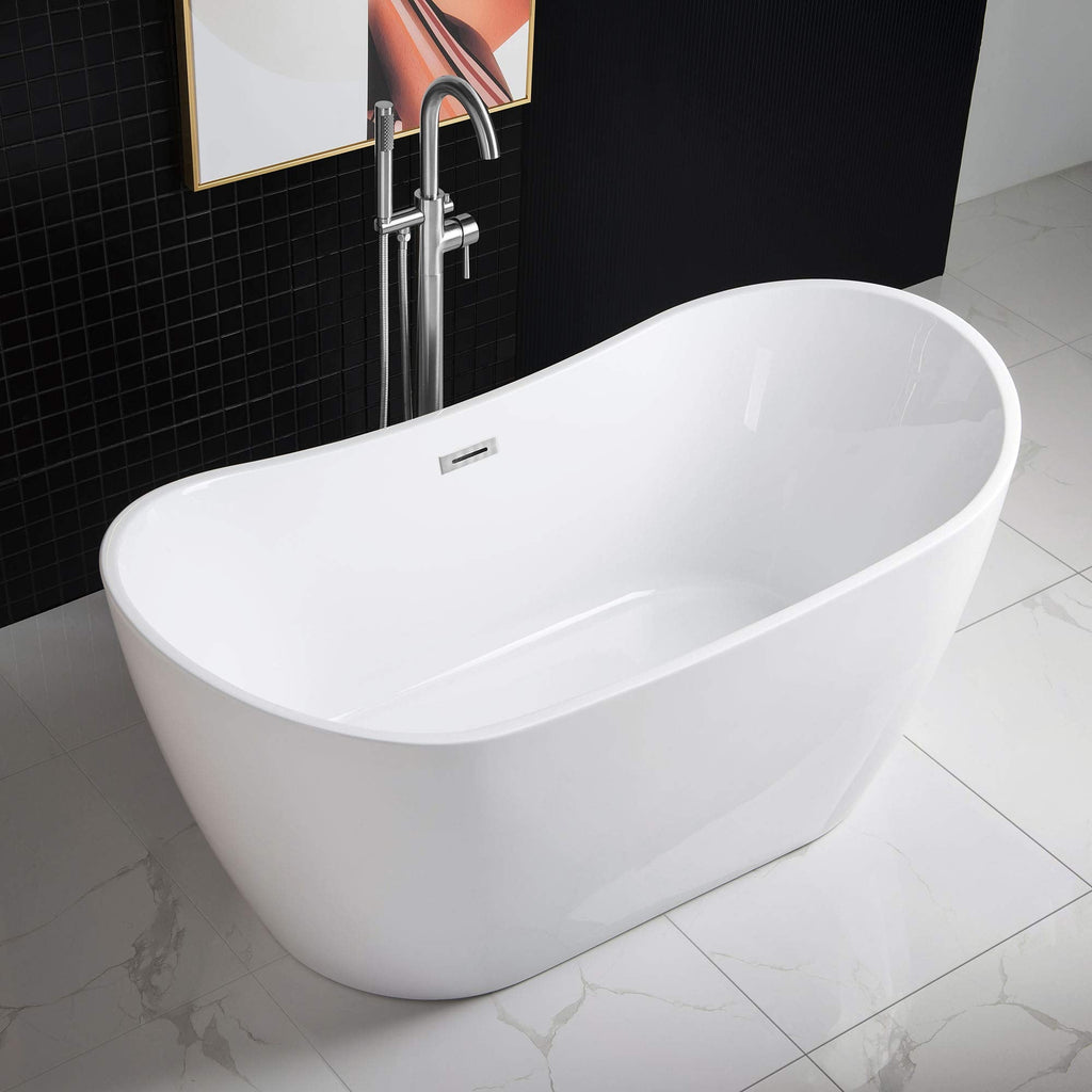 WOODBRIDGE 67" Acrylic Freestanding Bathtub Contemporary Soaking White Tub with Brushed Gold Overflow and Drain,B0010-BG
