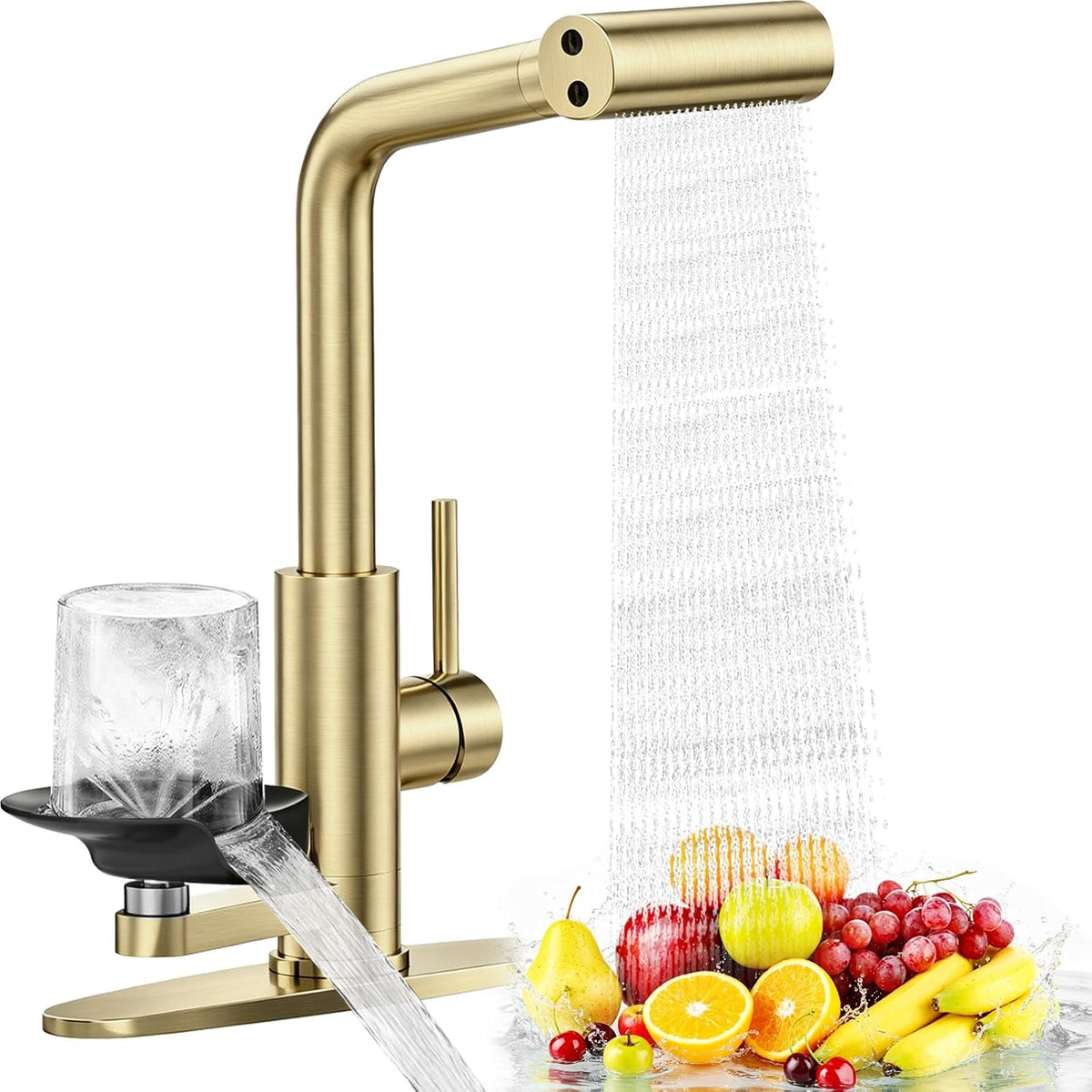 MIAOHUI Brushed Gold Kitchen Faucet with Glass Rinser, 4 Modes