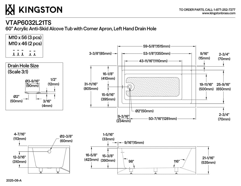 Kingston VTAP6030L22TS 2-Wall Corner Alcove Tub, Glossy White