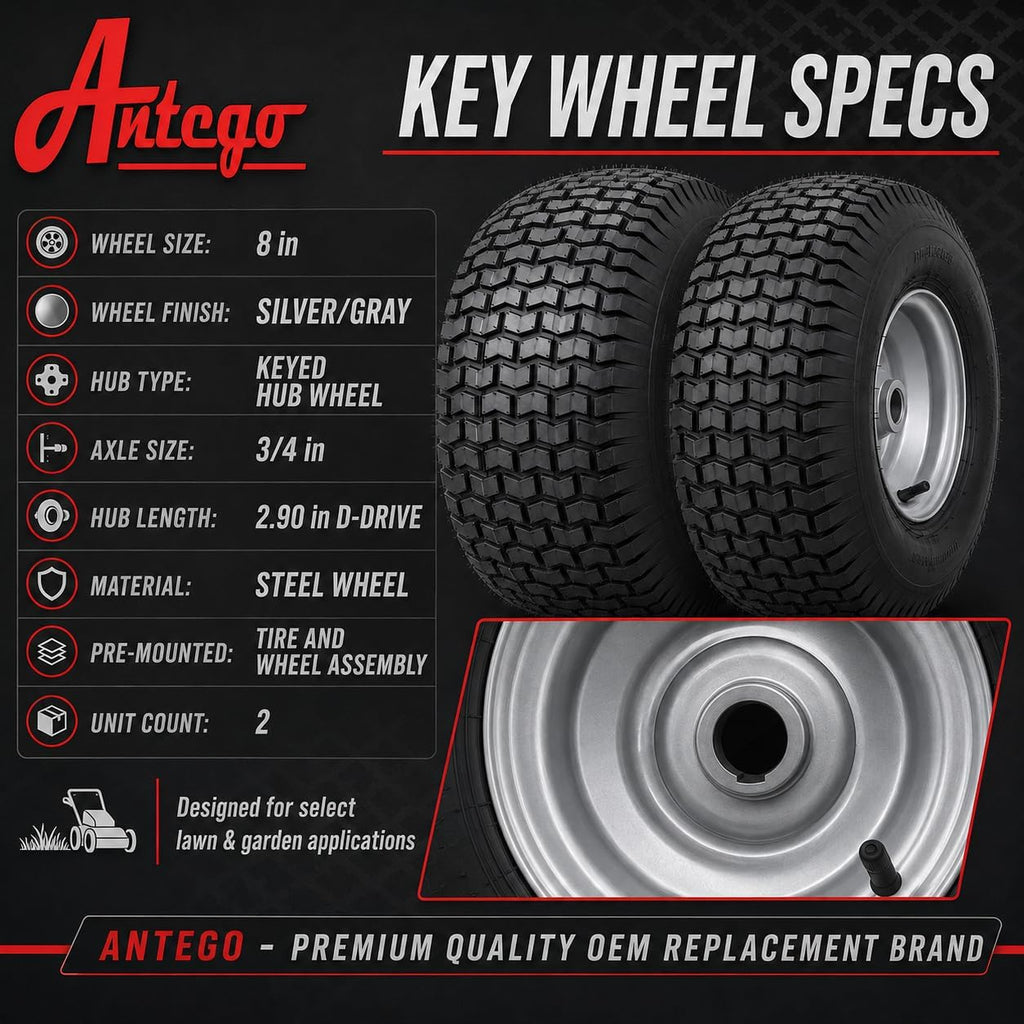 (Set of 2) 20x8.00-8 Lawn & Garden Mower Turf Tires - 4 Ply with Keyed Hub Wheel | Compatible with Husqvarna & Some Craftsman Models