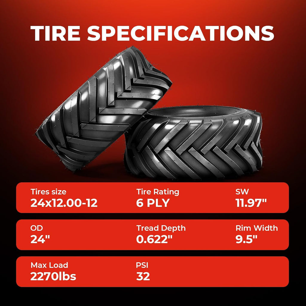 24x12.00-12 Lawn & Garden Mower Tires, Set of 2,6 Ply Tubeless