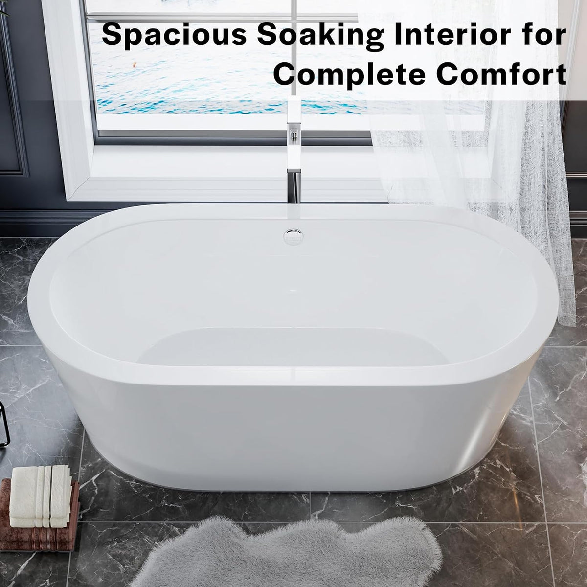 Empava Bathtub, 59" Soaking Tub with Center Drain and Overflow