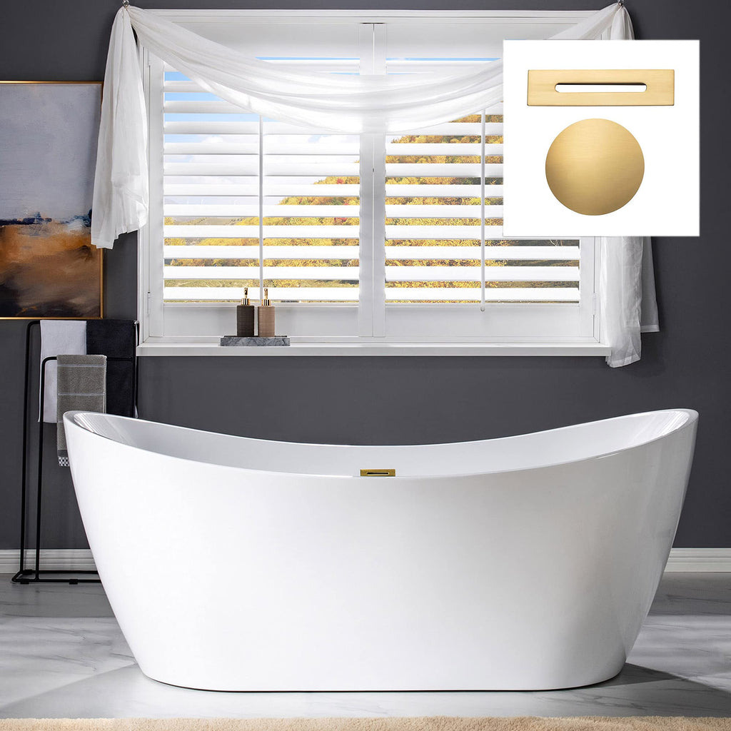 WOODBRIDGE 71" Acrylic Freestanding Bathtub Contemporary Soaking Tub , White Acrylic ( Matte Black Drain/Overflow),B0017 MB Drain &O