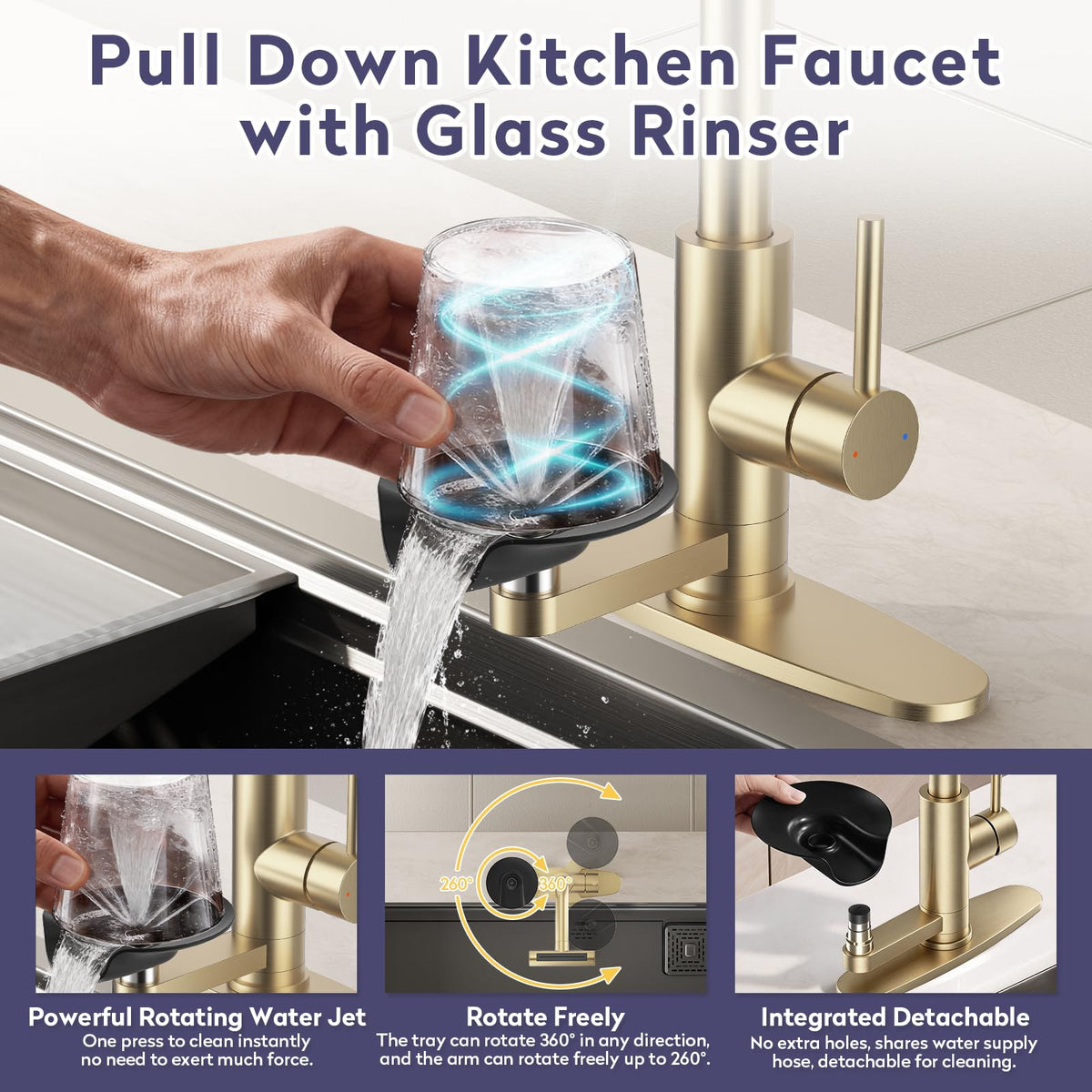 HOWUWEY Black Kitchen Faucet with Pull Down Sprayer & Cup Washer