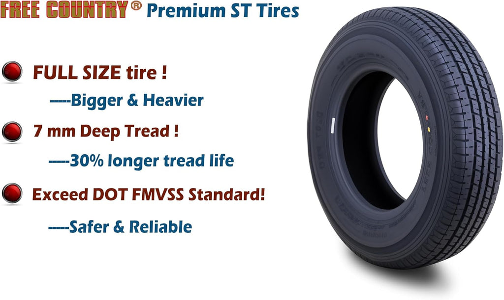 Free Country ST205/75R15 Prem Trailer Tires 8PR LR D 107N w/Scuff Guard, S2