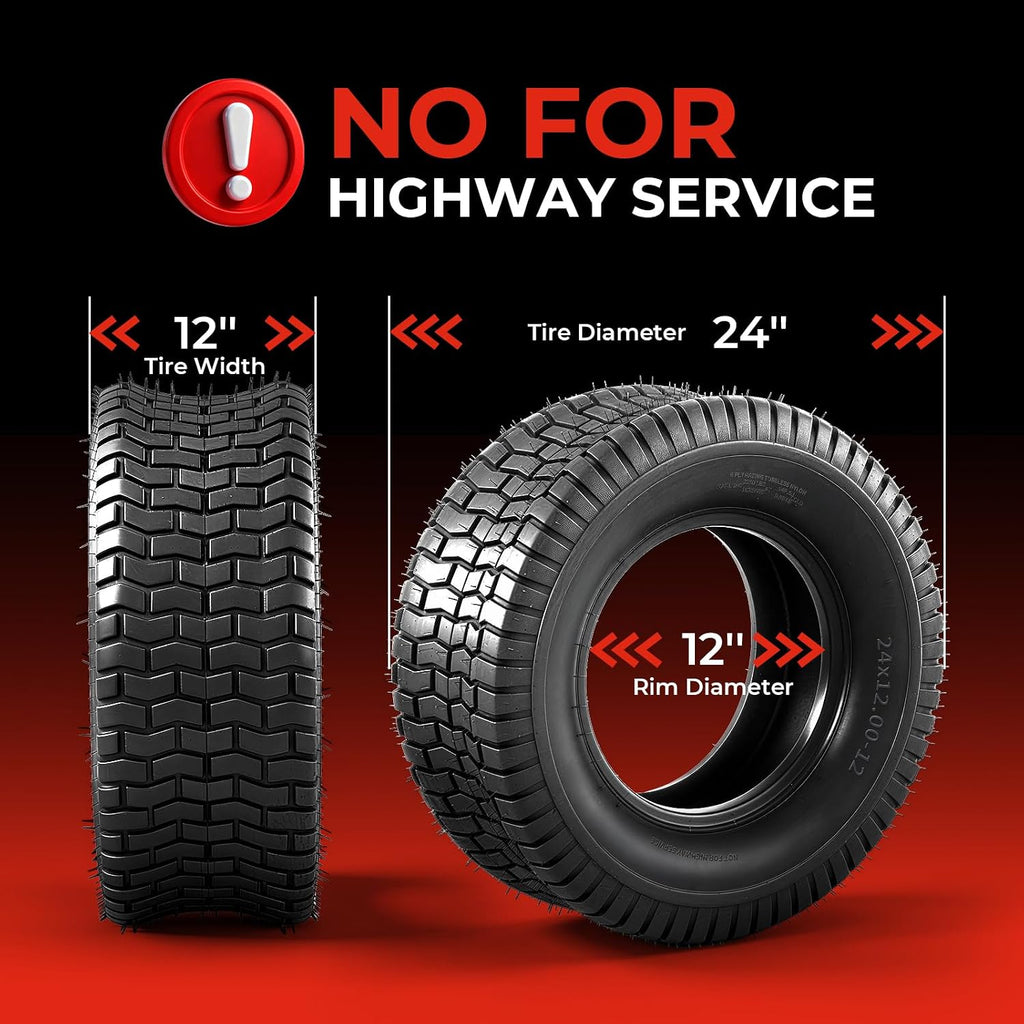 24x12.00-12 Lawn Mower Tires, 2 Pack,6 Ply,2260 LBS Load Capacity