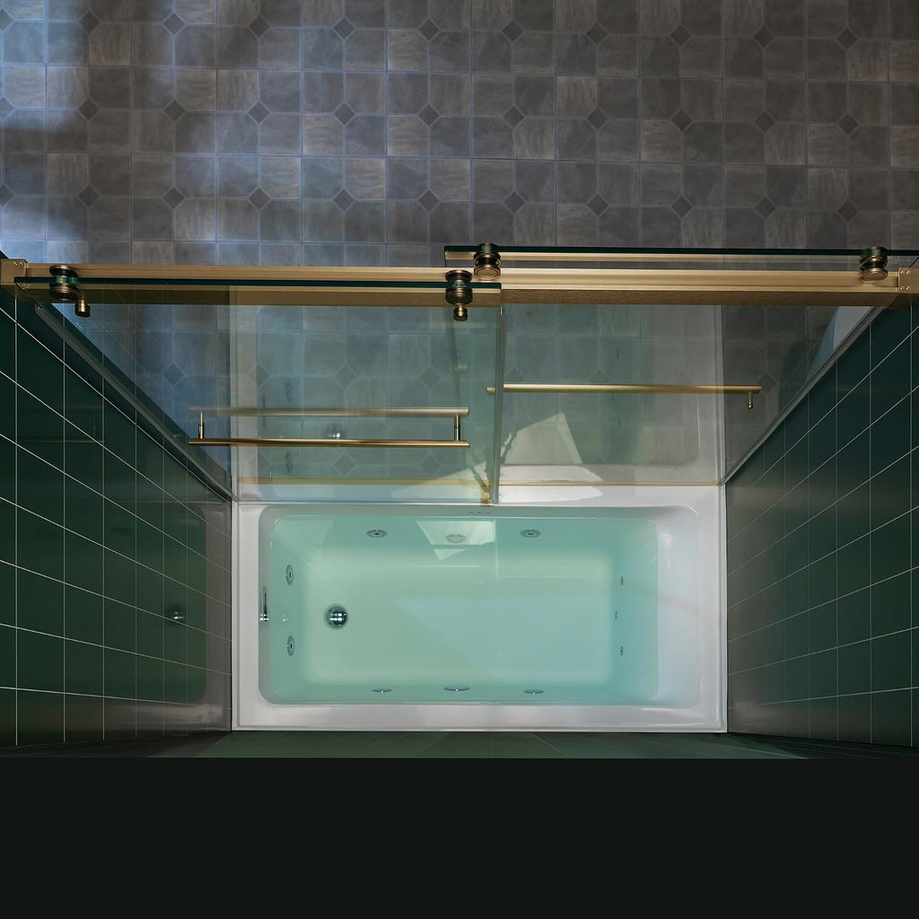 Woodbridge 56-60" W x 62" H Frameless Bathtub Shower Door,Double Sliding Soft-Close Doors,3/8(10mm) Tempered Glass with Explosion Proof Film in Brushed Bronze Finish
