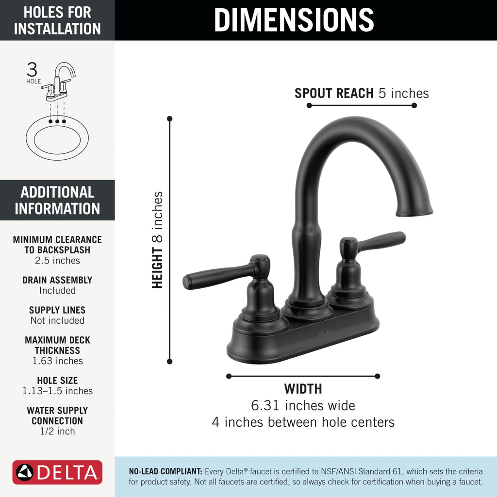 Delta Roe Centerset Brushed Nickel Bathroom Faucet, 4 Inch 3 Hole Bathroom Sink Faucet for Vanity, Push-Pop Drain Assembly, Stainless 25985LF-SS