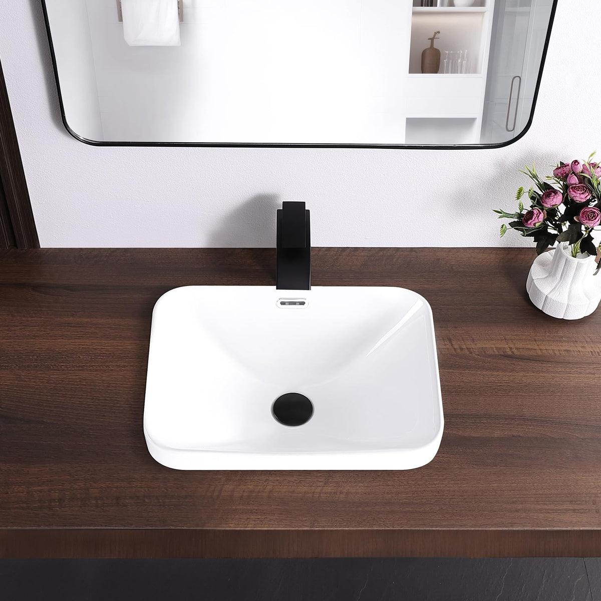 19 Inch Drop In Bathroom Vessel Sink with Overflow Rectangle White