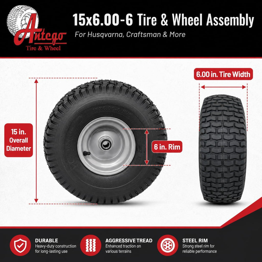Antego 15x6.00-6 Tire & Wheel for Husqvarna/Poulan, 532106732, Set of 2