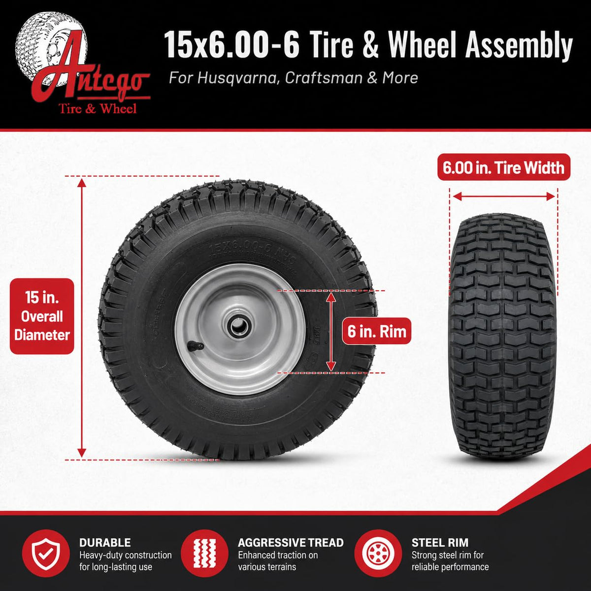Antego 15x6.00-6 Tire & Wheel for Husqvarna/Poulan, 532106732, Set of 2