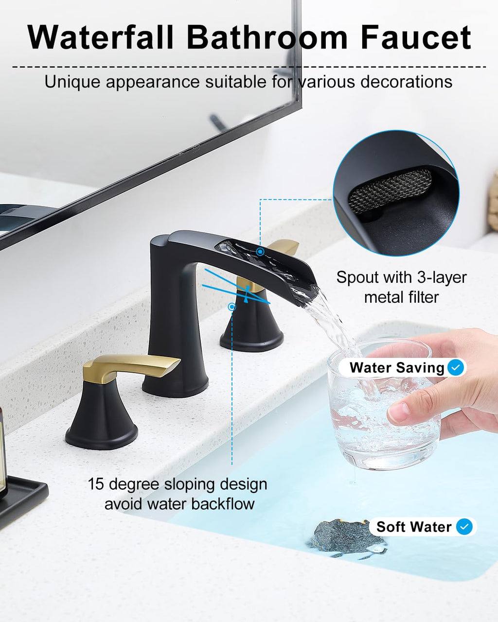Fapully Brushed Nickel Bathroom Faucet 3 Hole, Waterfall 8 Inch Widespread Bathroom Sink Faucet with Pop-up Drain, Two-Handle Faucet for Bathroom Sink