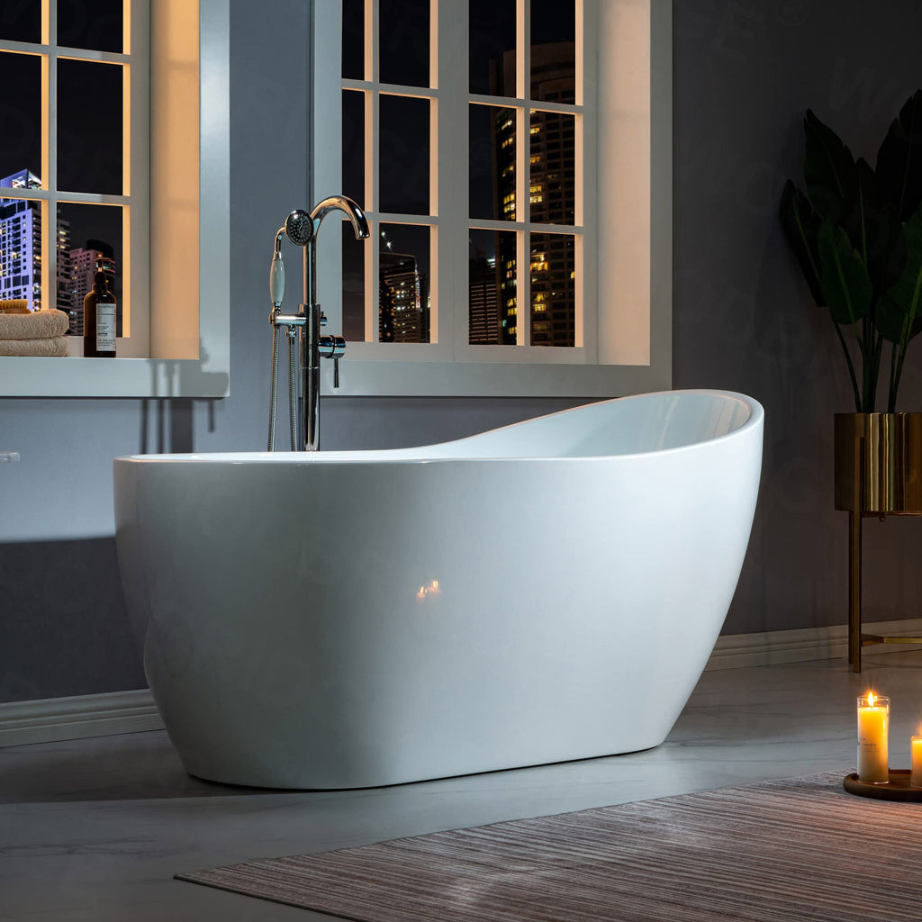 WOODBRIDGE 59" Acrylic Freestanding Bathtub Contemporary Soaking White Tub with Brushed Nickel Overflow and Drainï¼B-1530 -B/N-Drain &O