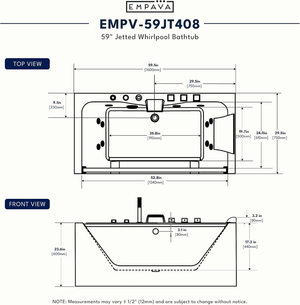 Empava 60" Acrylic Alcove Whirlpool Bathtub, Jetted Soaking Tub