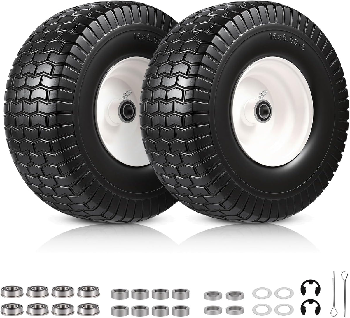 15x6.00-6 Flat Free Lawn Mower Tire and Wheel, 15x6-6 Front Tire Assembly