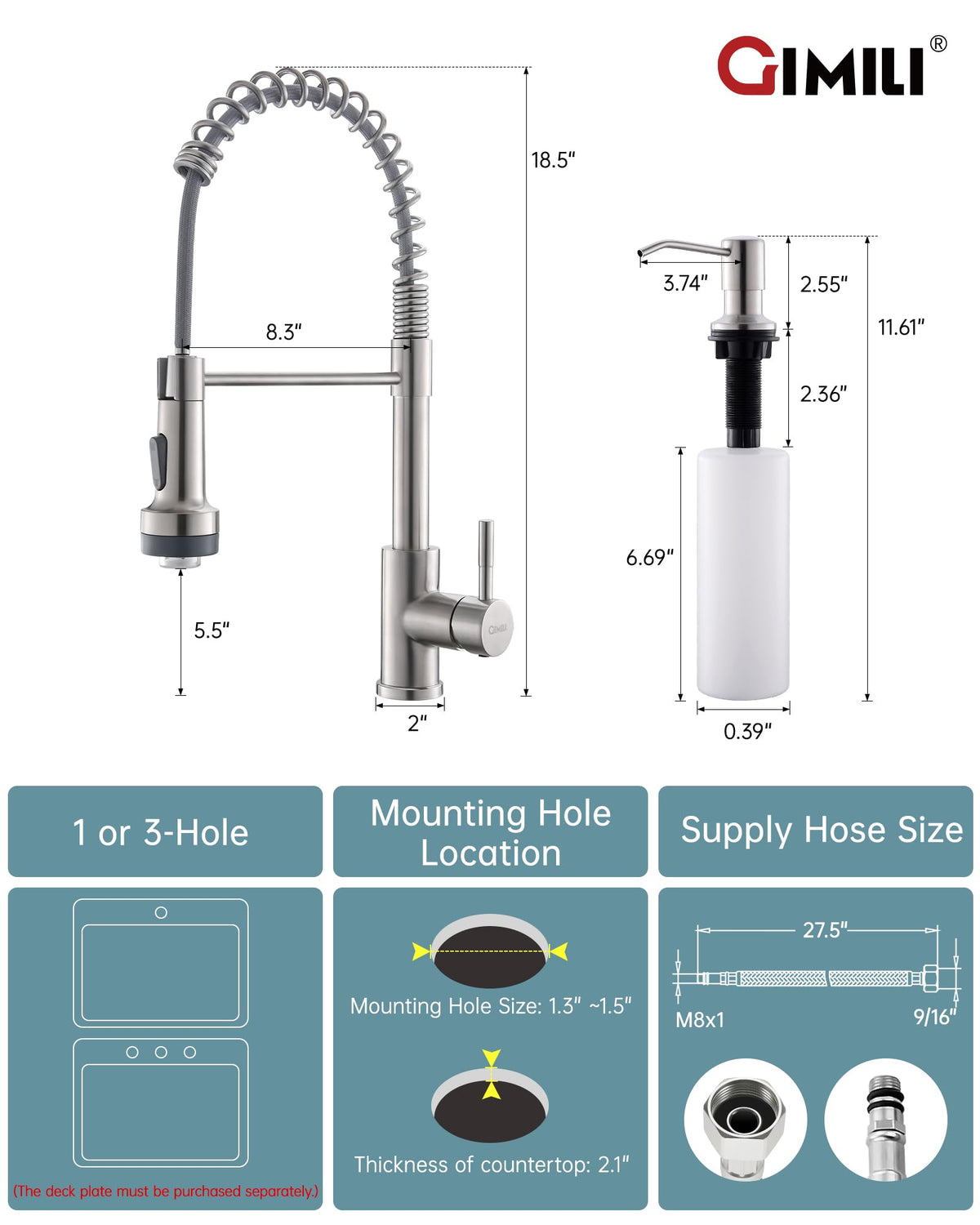 GIMILI Filter Kitchen Faucet Drinking Water Faucet 3 in 1 Brushed Nickel