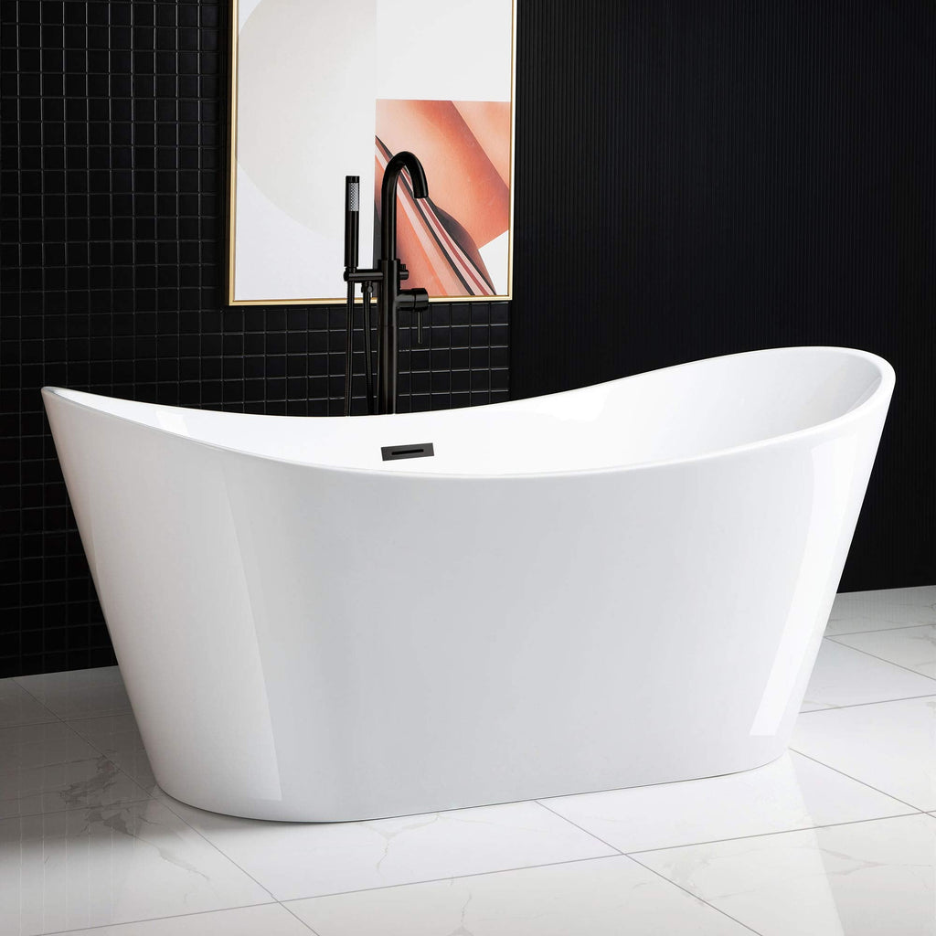 WOODBRIDGE 67" Acrylic Freestanding Bathtub Contemporary Soaking White Tub with Brushed Gold Overflow and Drain,B0010-BG