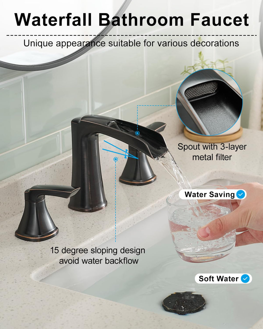 Fapully Brushed Nickel Bathroom Faucet 3 Hole, Waterfall 8 Inch Widespread Bathroom Sink Faucet with Pop-up Drain, Two-Handle Faucet for Bathroom Sink