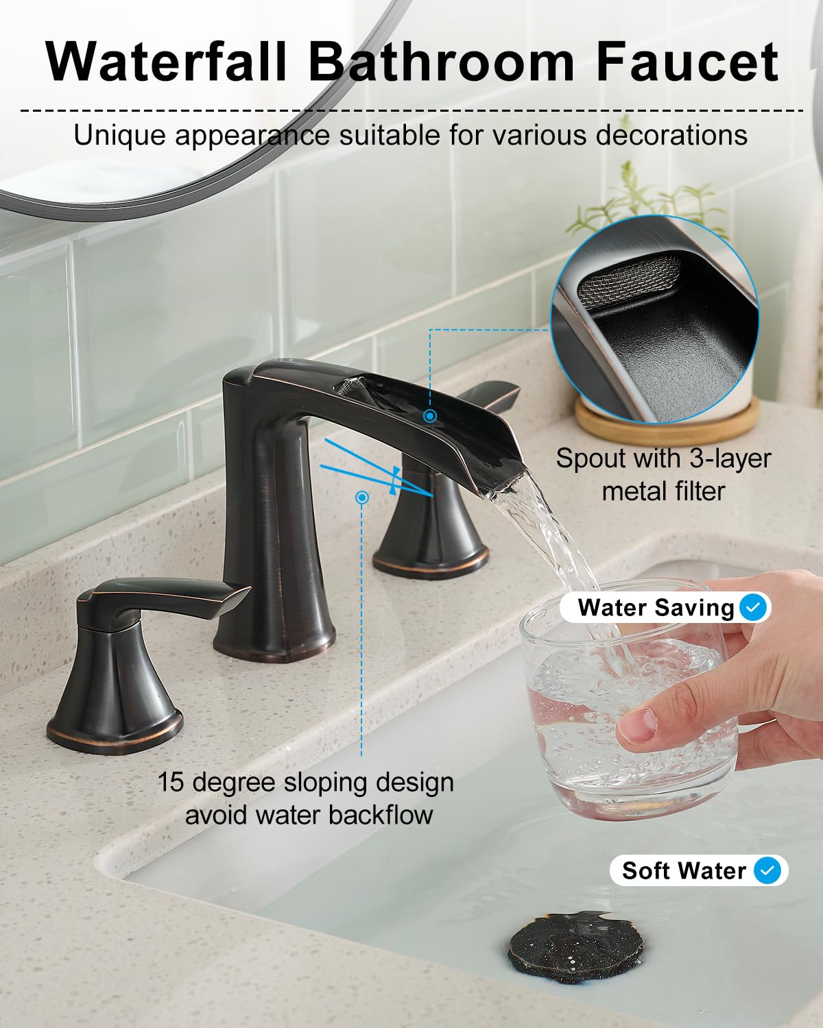 Fapully Brushed Nickel Bathroom Faucet 3 Hole, Waterfall 8 Inch Widespread Bathroom Sink Faucet with Pop-up Drain, Two-Handle Faucet for Bathroom Sink