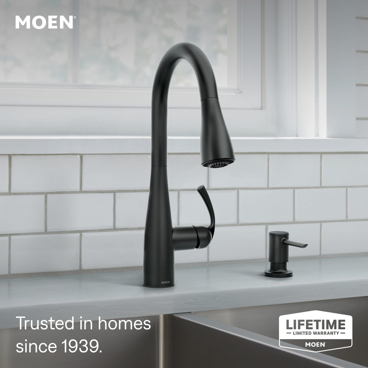 Moen Essie Spot Resist Stainless Pulldown Sprayer Kitchen Sink Faucet Set with Modern Pump Soap Dispenser, 87014SRS