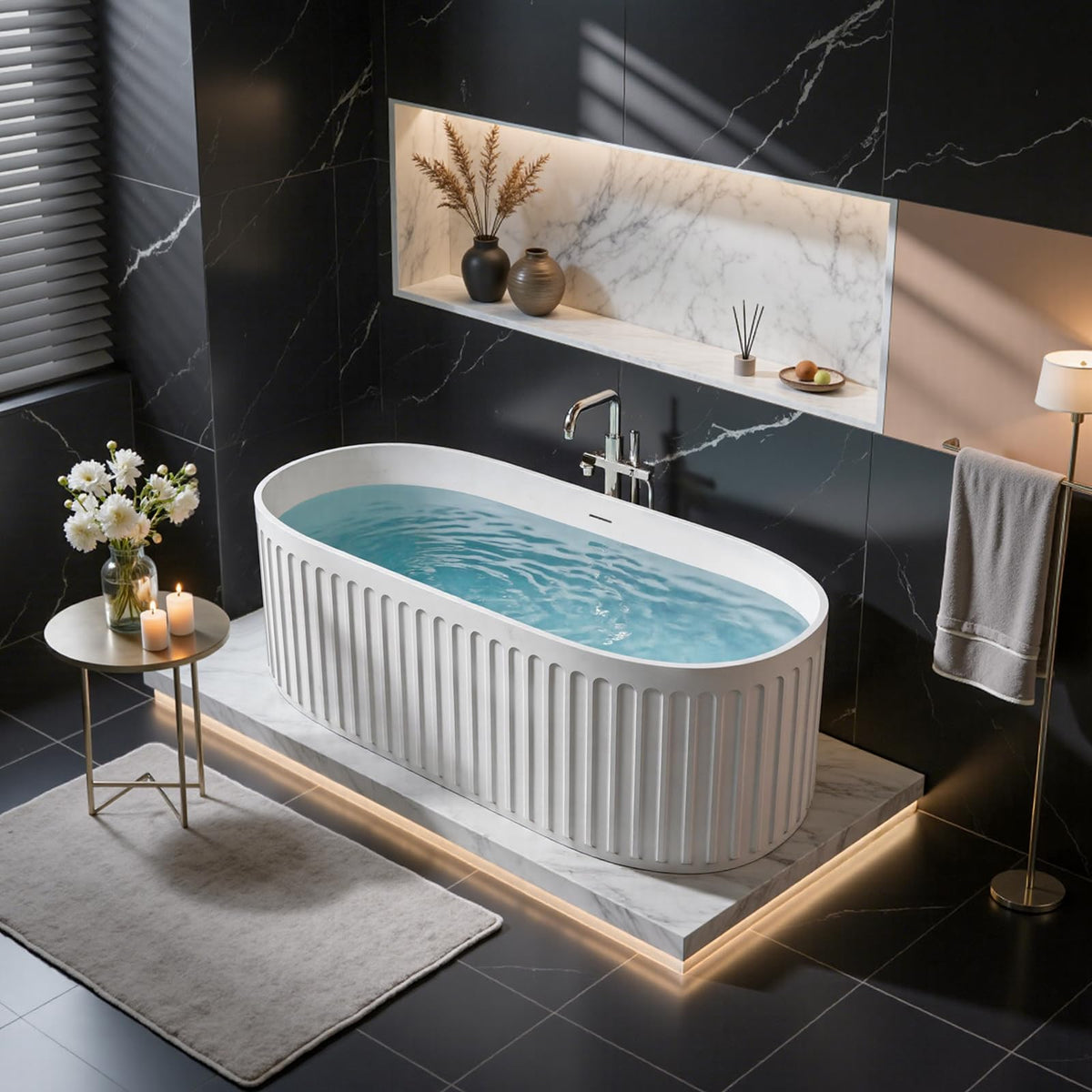 61''Stone Resin Freestanding Bathtub,Solid Surface Soaking Tub with Deep Bath Design, Modern Oval Free Standing Tub with Integrated Drain & Hidden Overflow, Starry Gray
