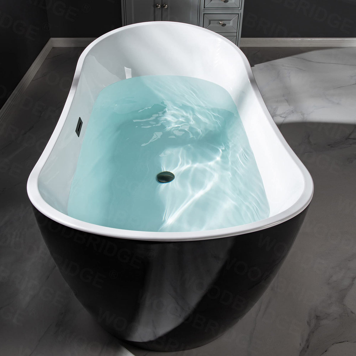 WOODBRIDGE 71" Acrylic Freestanding Bathtub Contemporary Soaking Tub , White Acrylic ( Matte Black Drain/Overflow),B0017 MB Drain &O