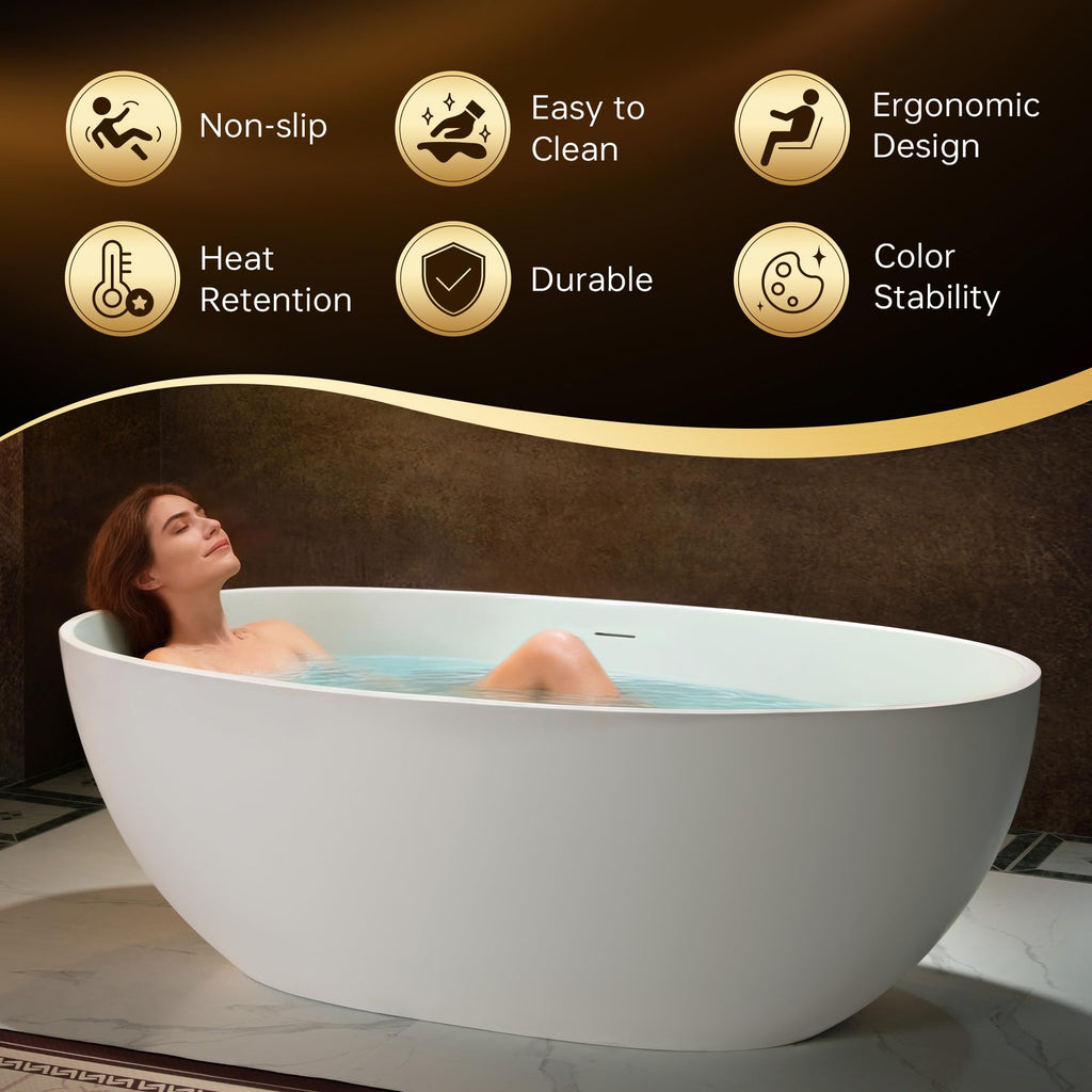 WOODBRIDGE 61" Stone Resin Freestanding Soaking Tub, Modern Oval Solid Surface Bathtub with Integrated Slotted Overflow & Drain, Matte White