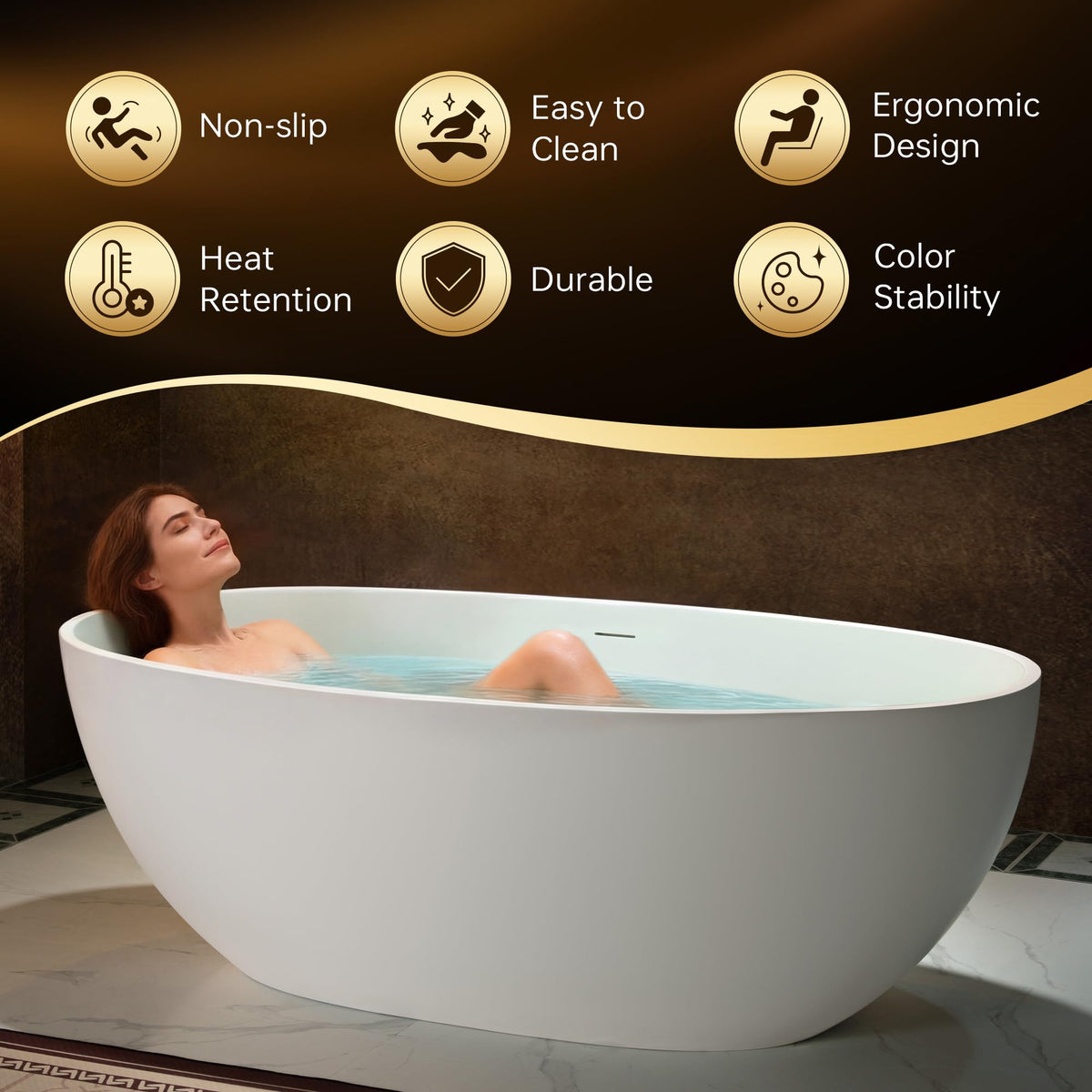 WOODBRIDGE 61" Stone Resin Freestanding Soaking Tub, Modern Oval Solid Surface Bathtub with Integrated Slotted Overflow & Drain, Matte White