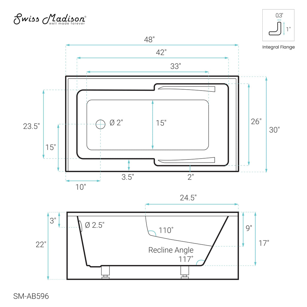 Voltaire 60" x 32" Right-Hand Drain Alcove Bathtub with Apron