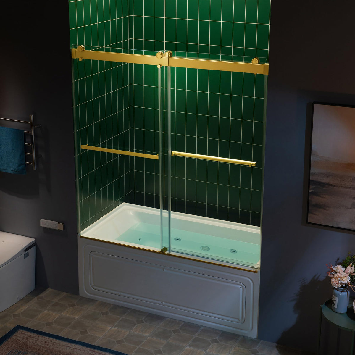 Woodbridge 56-60" W x 62" H Frameless Bathtub Shower Door,Double Sliding Soft-Close Doors,3/8(10mm) Tempered Glass with Explosion Proof Film in Brushed Bronze Finish
