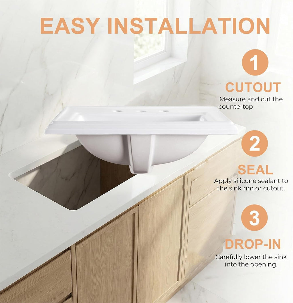 23" Drop-in Bathroom Sink with 8" Widespread 3 Hole Ceramic Basin