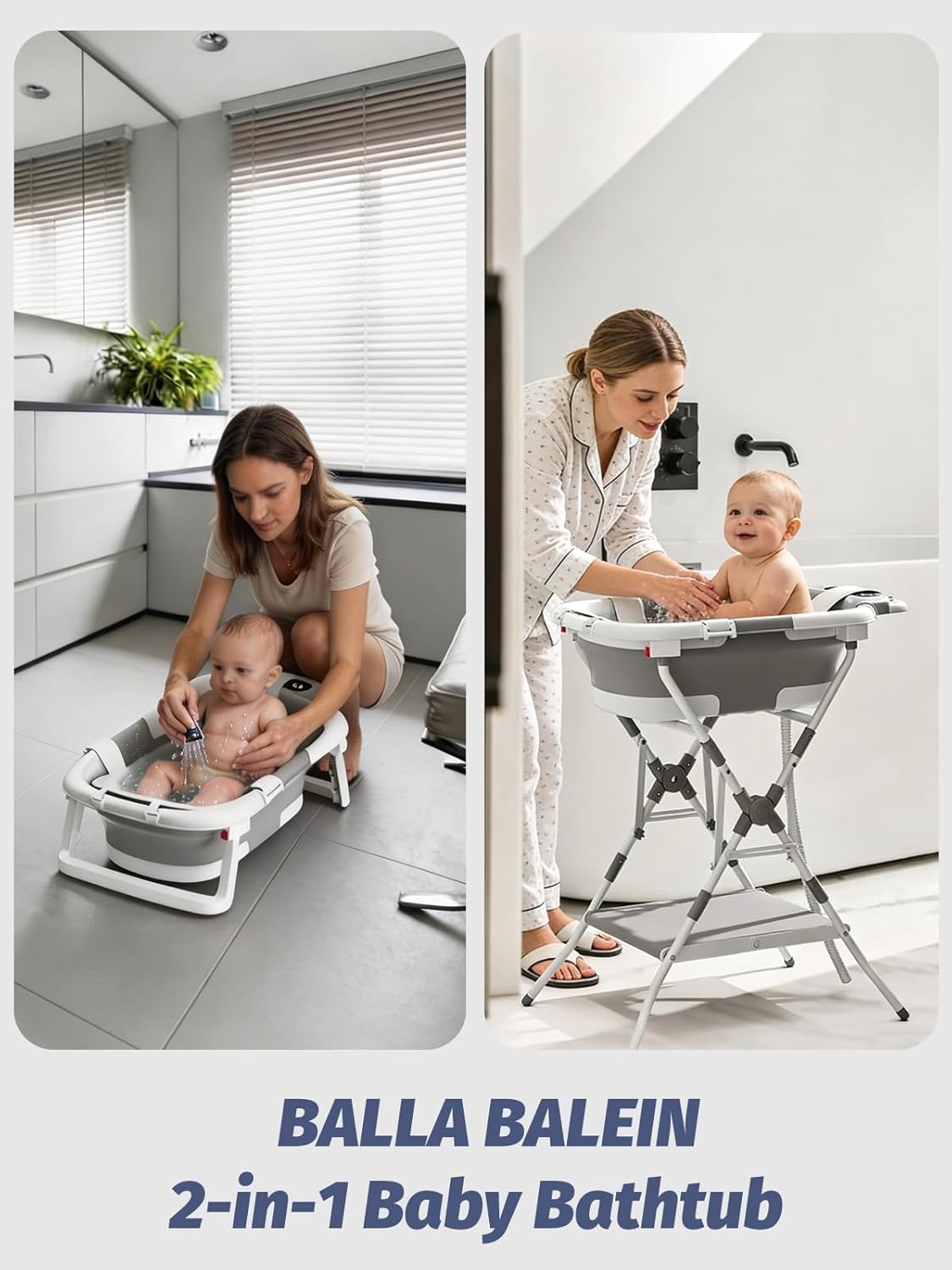 Baby Bathtub with Stand, Foldable Metal Standing Baby Bath Tub, 3-in-1 Anti-Slip Collapsible Tub with Cushion Storage Pad, Elevated Design for Newborn Toddler, Gray
