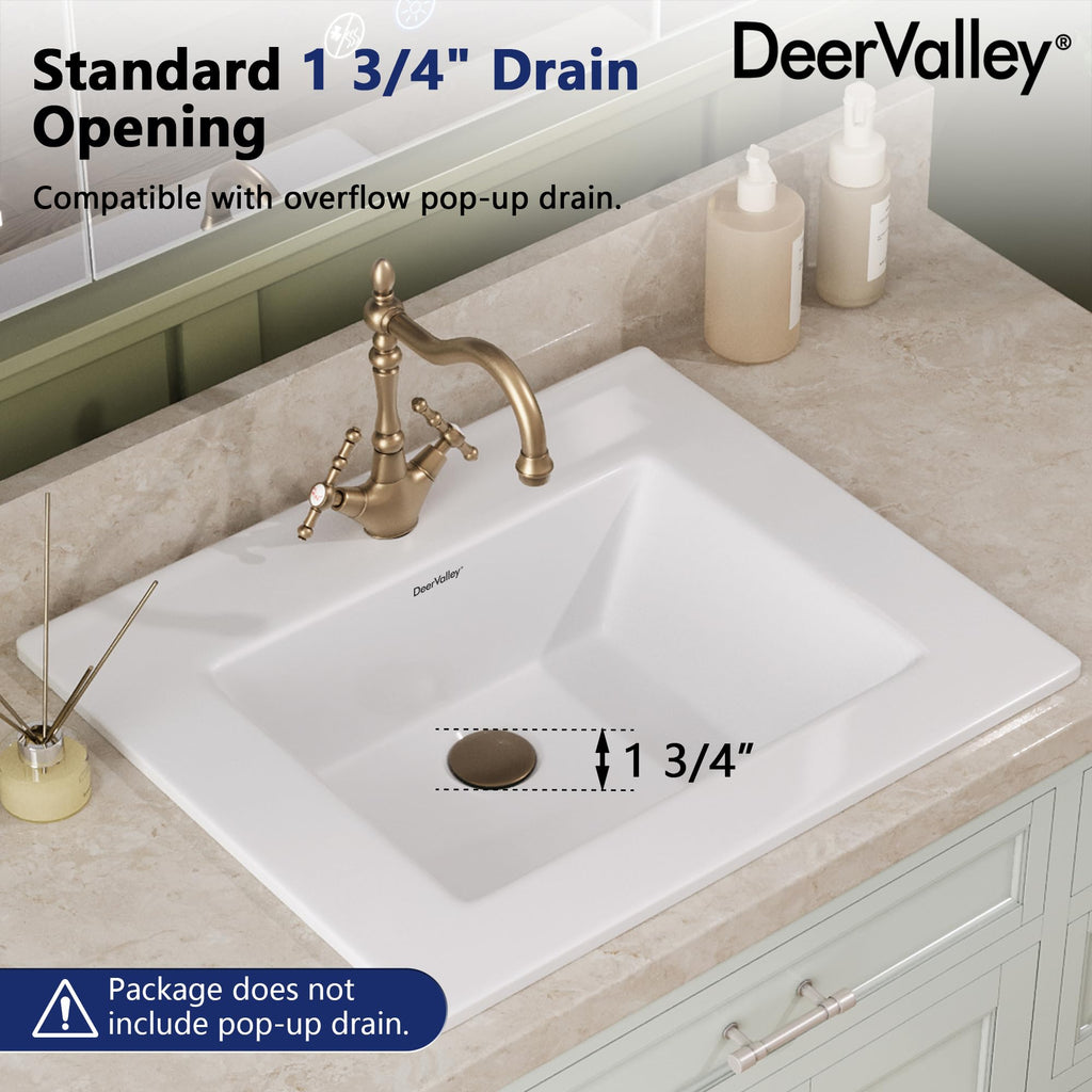 DeerValley Drop In Bathroom Sink White 21"x18" Rectangle Sleek 3-Hole Basin
