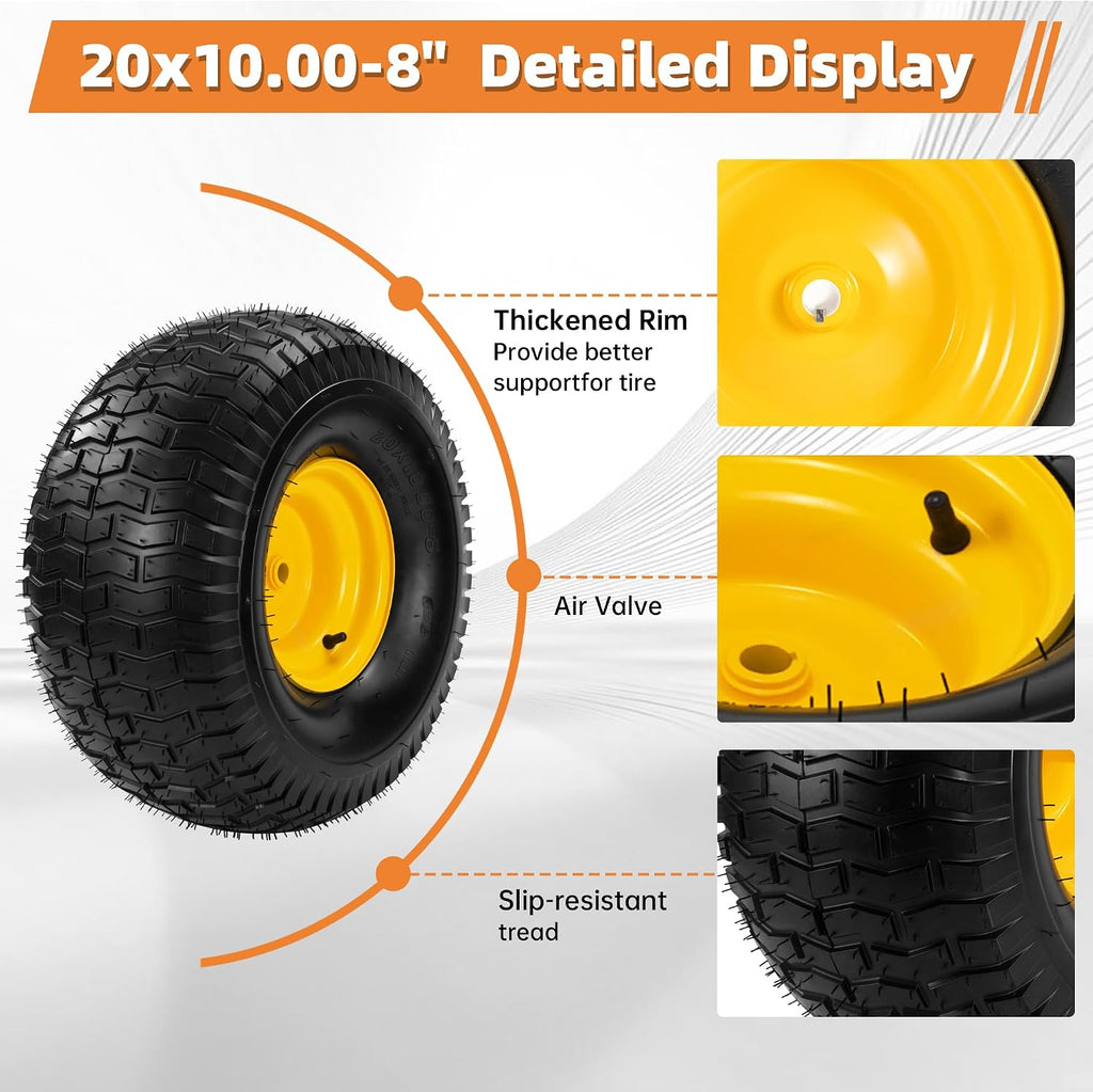 2-Pack 20x10.00-8 Tubeless Lawn Mower Rear Tire and Wheel Assembly, 4-Ply.