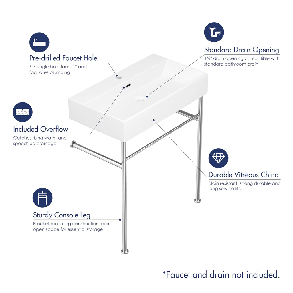 Eridanus 24"x16" Console Bathroom Sink, Free Standing 30 Inch Stainless Steel Support Pedestal Legs, Wall Mount White Vessel Ceramic Vanity Basin, Modern Rectangular Sinks Porcelain, Matte Black