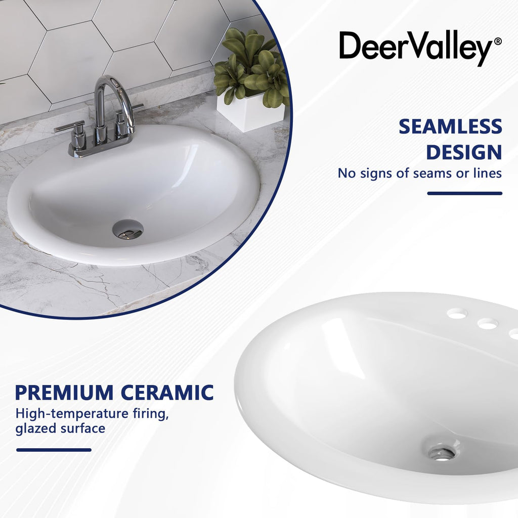 DeerValley Drop In Bathroom Sink White 21"x18" Rectangle Sleek 3-Hole Basin