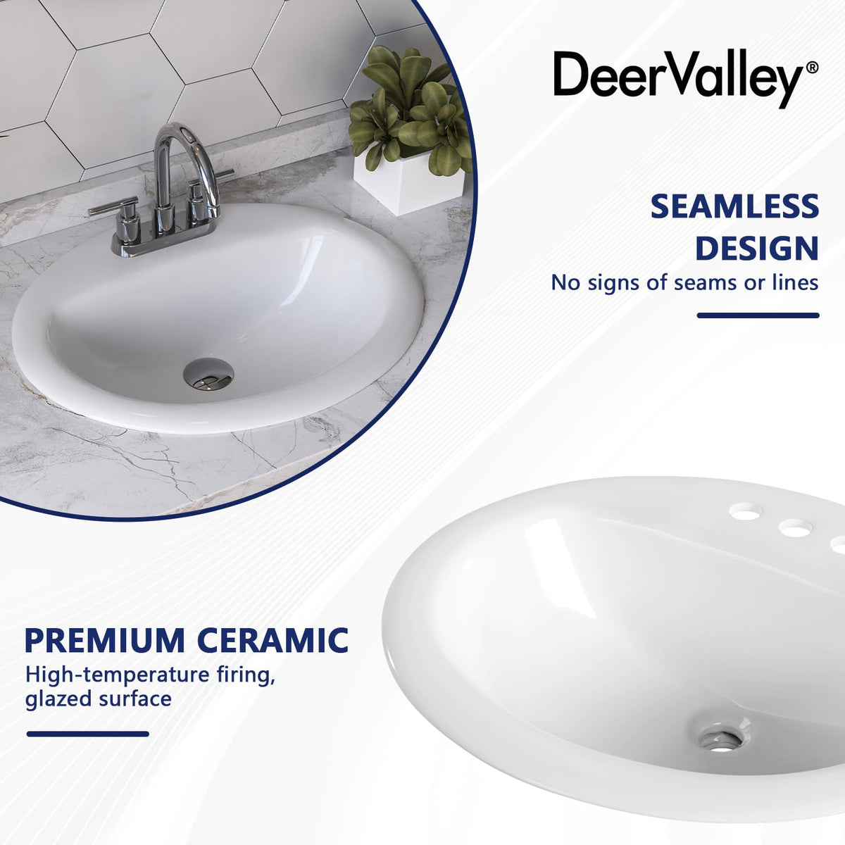 DeerValley Drop In Bathroom Sink White 21"x18" Rectangle Sleek 3-Hole Basin