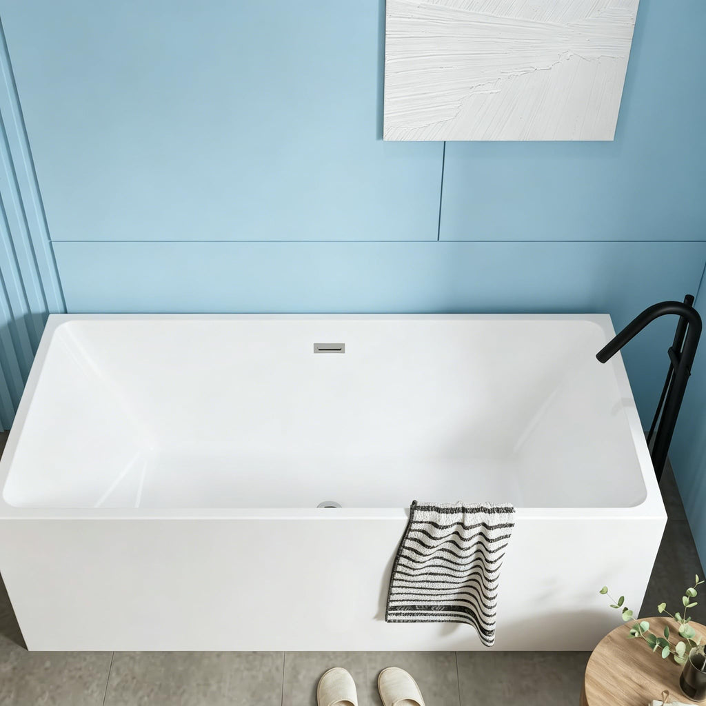 59" Acrylic Freestanding Soaking Bathtub, Deep Ergonomic Design with Lumbar Support, Integrated Overflow Drain, Non-Slip Base,cUPC Certified Modern Bathroom Tub, Easy Installation for Bathroom