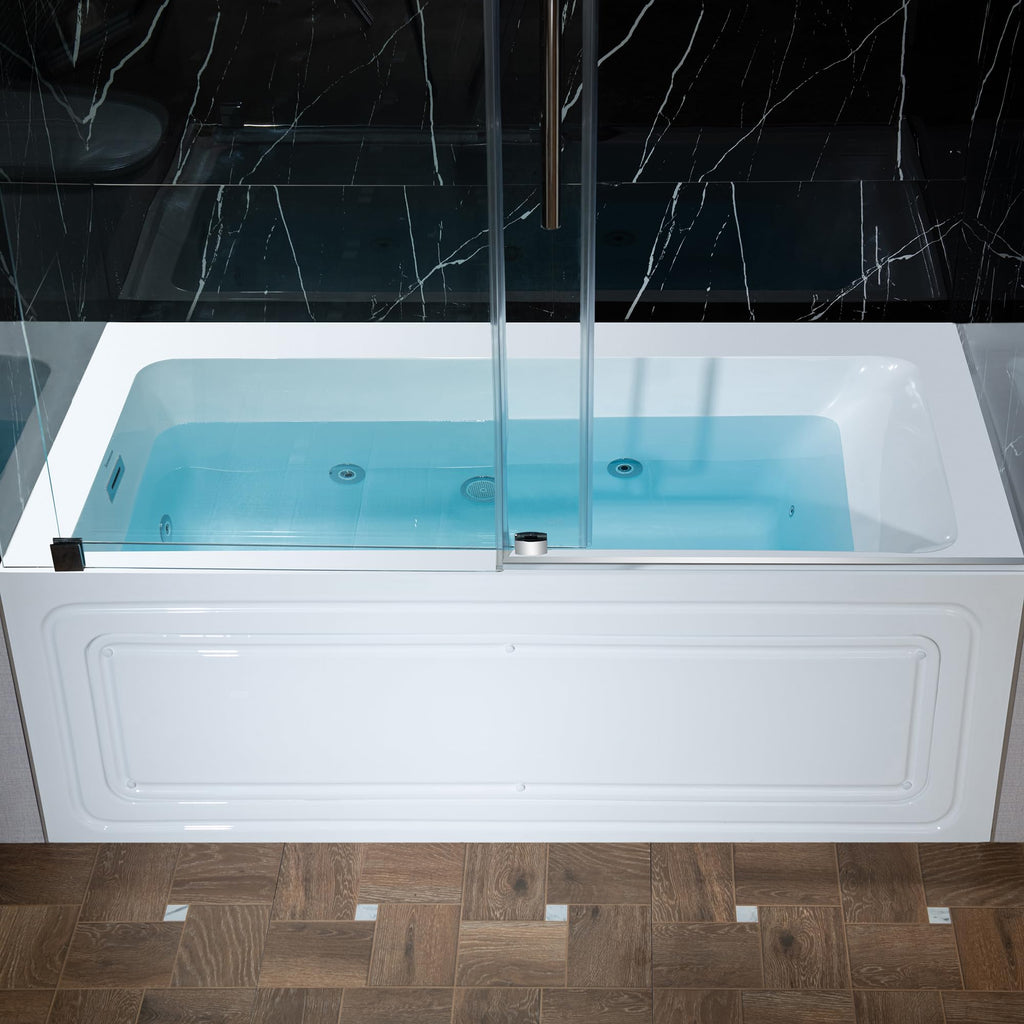 WOODBRIDGE 60" x 32" Alcove Acrylic Rectangular Whirlpool Heated Jetted Tub in White with Left Drain, Matte Black Finish, BS429-L-MB02