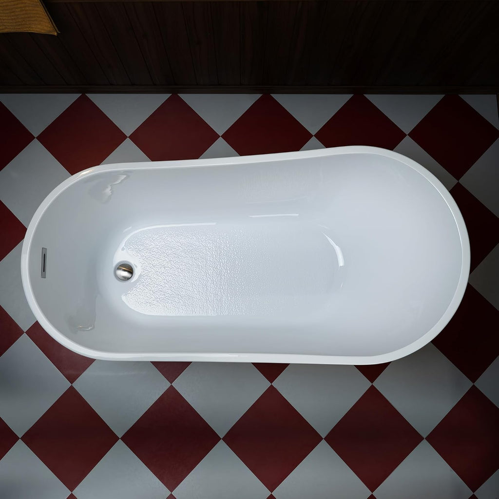WOODBRIDGE 59" Acrylic Freestanding Bathtub Contemporary Soaking White Tub with Chrome Overflow and Drain,White