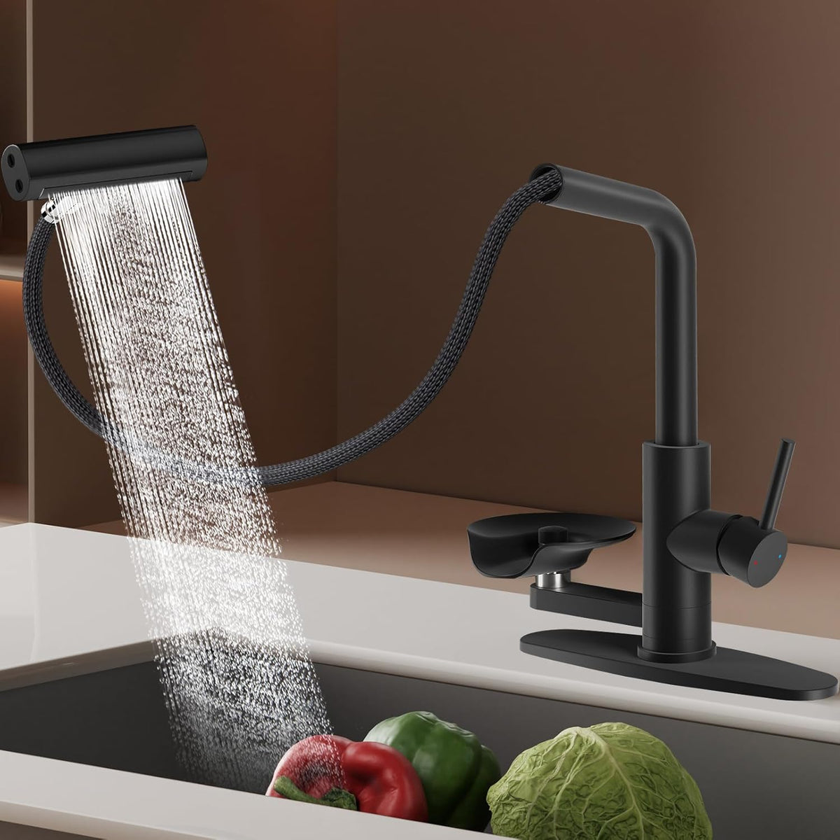 SINGSUO Pull Down Kitchen Faucet with Glass Rinser (Black)