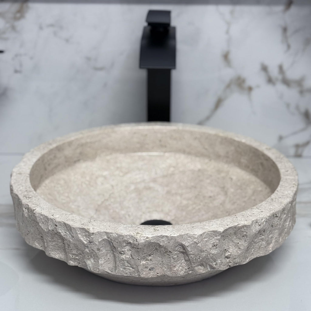 Oval Travertine Vessel Sink â Natural Stone Wash Basin, Hand-Carved Bathroom Sink with Chiseled Exterior & Polished Interior, Above Counter Vanity Basin (Includes Matching Soap Tray)