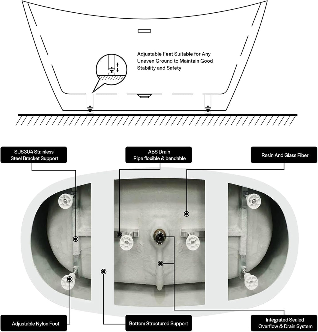 Empava 59 Inch Freestanding Bathtub, Acrylic Deep Soaking Tub, White