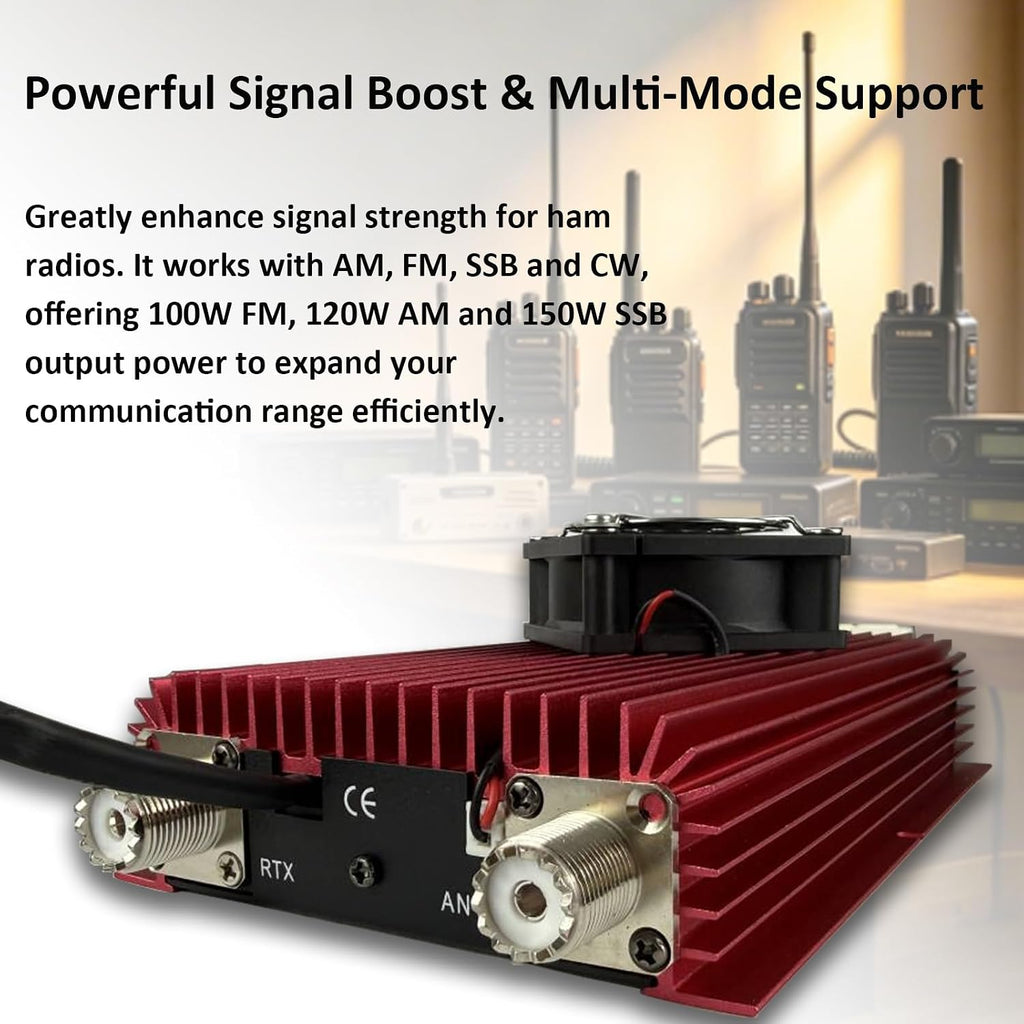 BJ-300 Plus Broadband Linear AMP for Radio, 13.8V, Supports AM/FM/SSB/CW, 100W FM/120W AM/150W SSB Output, with Cooling Fan & Polarity Protection