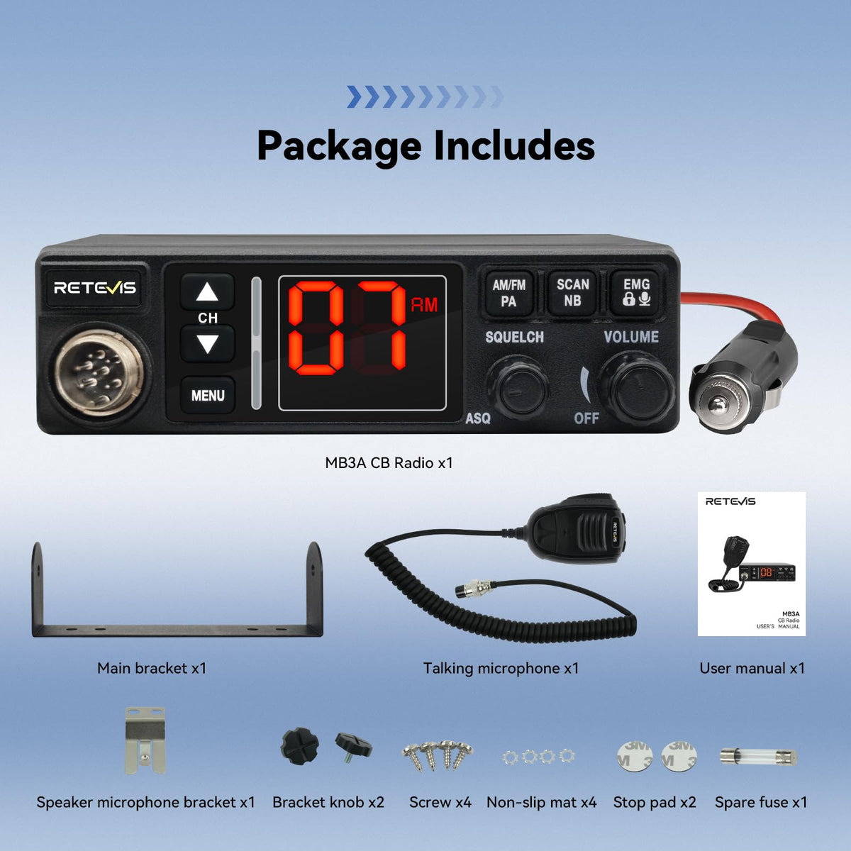 Retevis MB3A 40-Channel AM/FM CB Radio Kit, Long Range Radio with Antenna