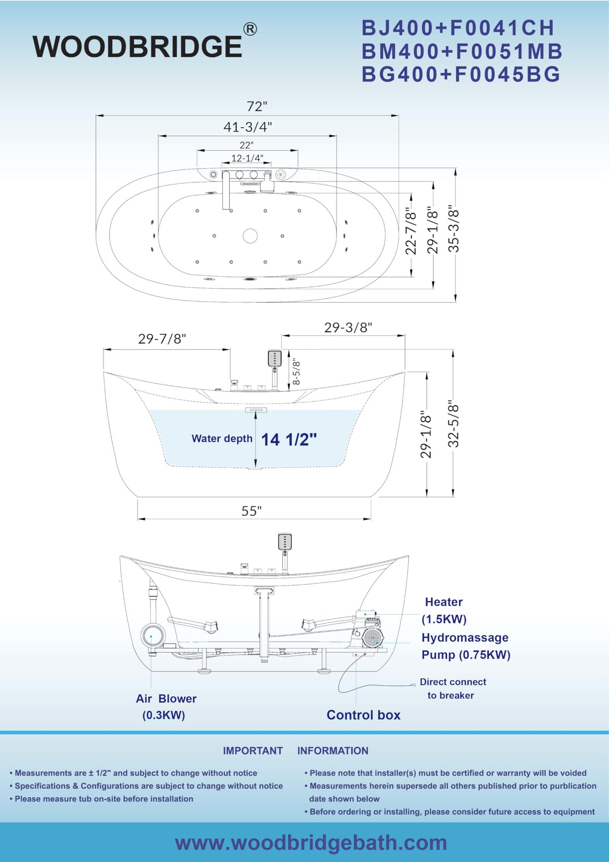 WOODBRIDGE 72"Ã35-3/8" Double Slipper Whirlpool&Air, Heated Soaking Bathtub