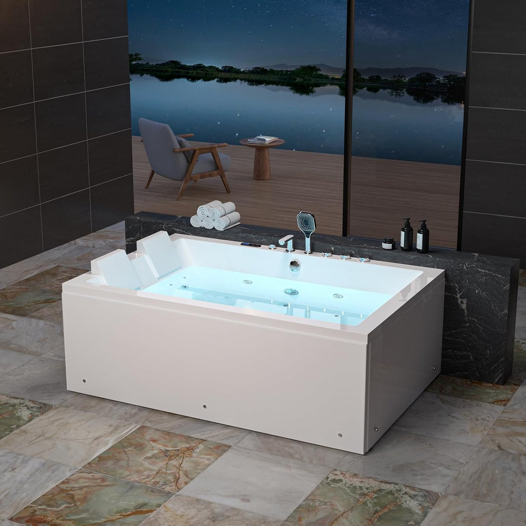 Empava PRO Series Whirlpool Bathtub for Two, Heated Jetted Tub with Air Bubble Jets & Chromotherapy Lights, Acrylic Soaking Spa Tub, Thermostatic Control, Self-Cleaning, ETL Certified, White, 71"